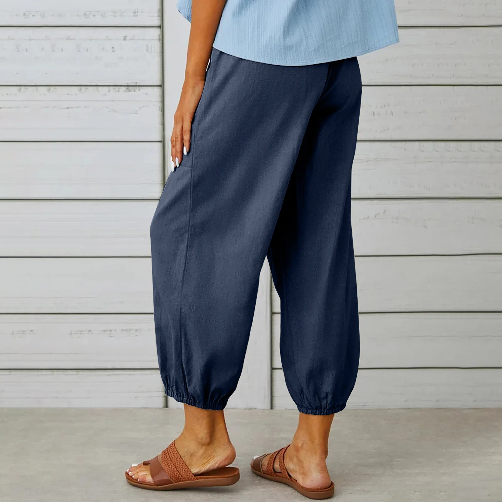 Cotton Linen Harem Pants Women Casual Elastic High Waist Lace Up Loose Ankle Trousers Vintage Harajuku Wide Leg Straight Pants