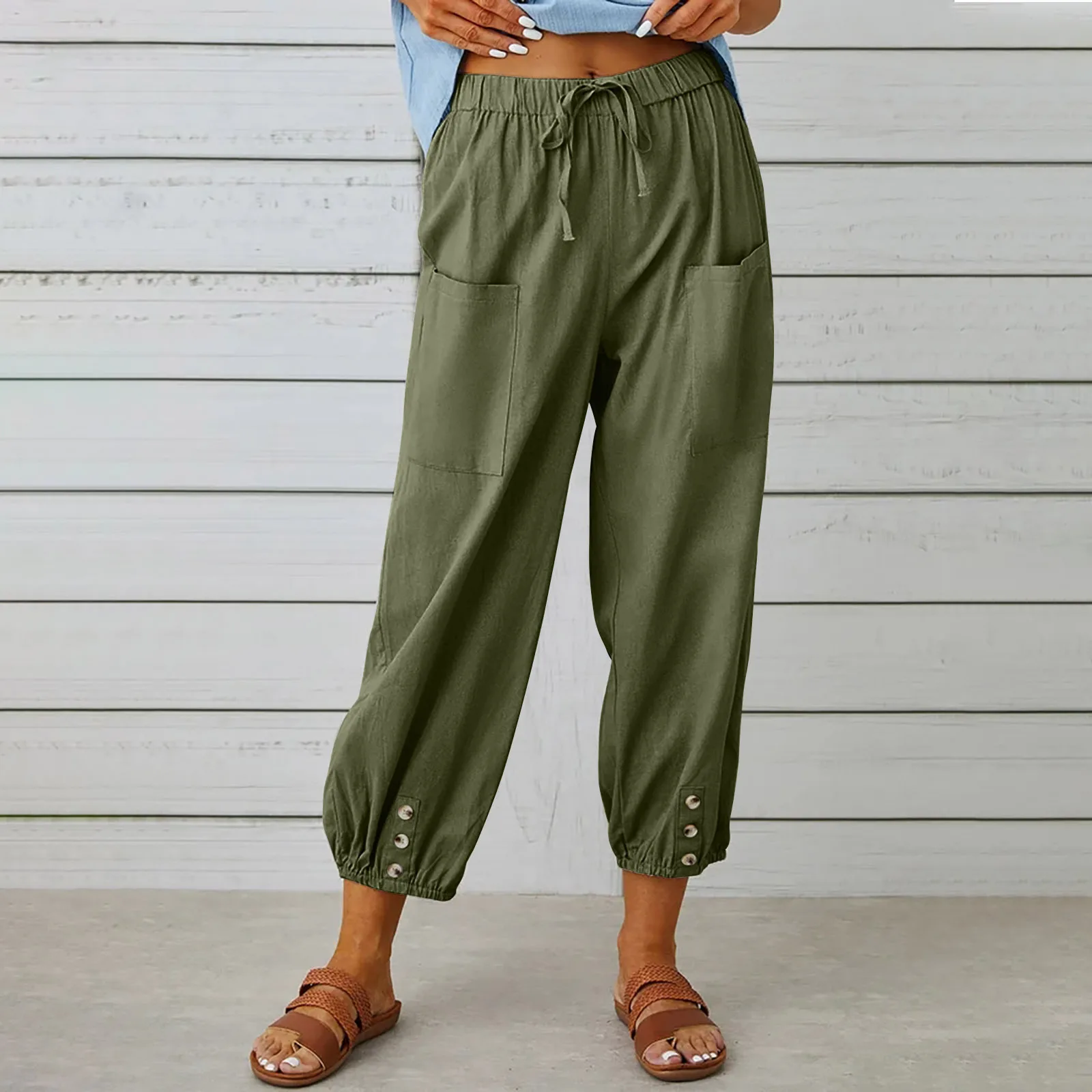 Cotton Linen Harem Pants Women Casual Elastic High Waist Lace Up Loose Ankle Trousers Vintage Harajuku Wide Leg Straight Pants