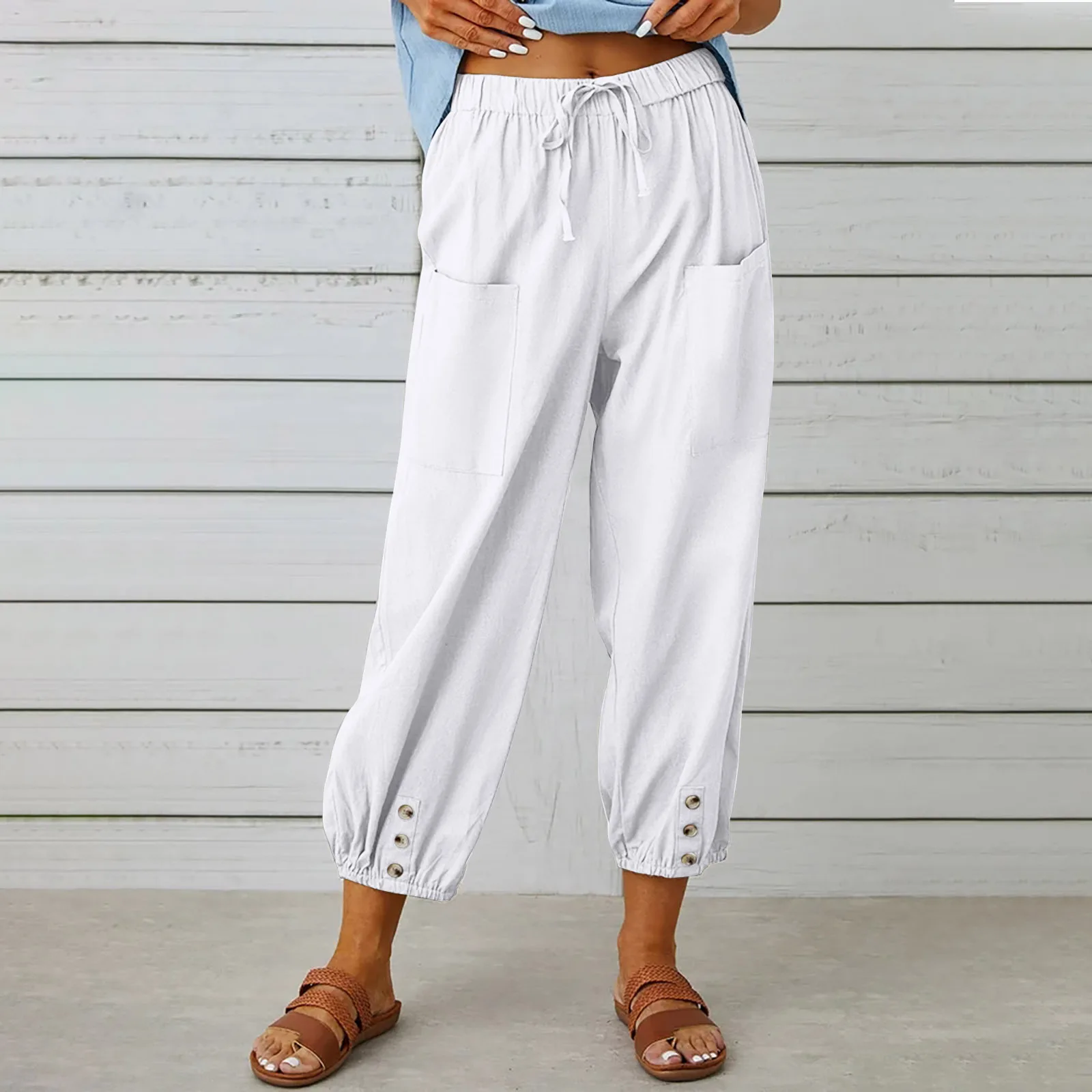 Cotton Linen Harem Pants Women Casual Elastic High Waist Lace Up Loose Ankle Trousers Vintage Harajuku Wide Leg Straight Pants