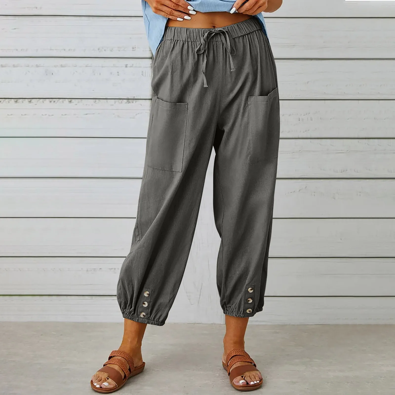 Cotton Linen Harem Pants Women Casual Elastic High Waist Lace Up Loose Ankle Trousers Vintage Harajuku Wide Leg Straight Pants