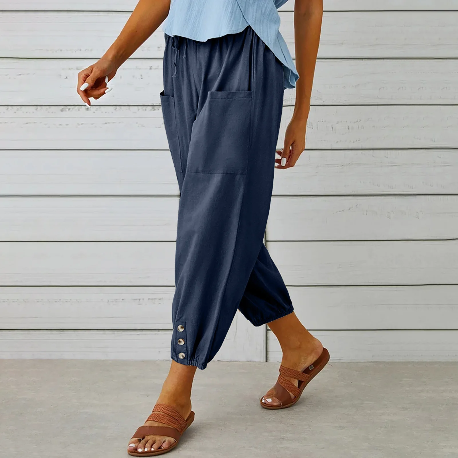 Cotton Linen Harem Pants Women Casual Elastic High Waist Lace Up Loose Ankle Trousers Vintage Harajuku Wide Leg Straight Pants