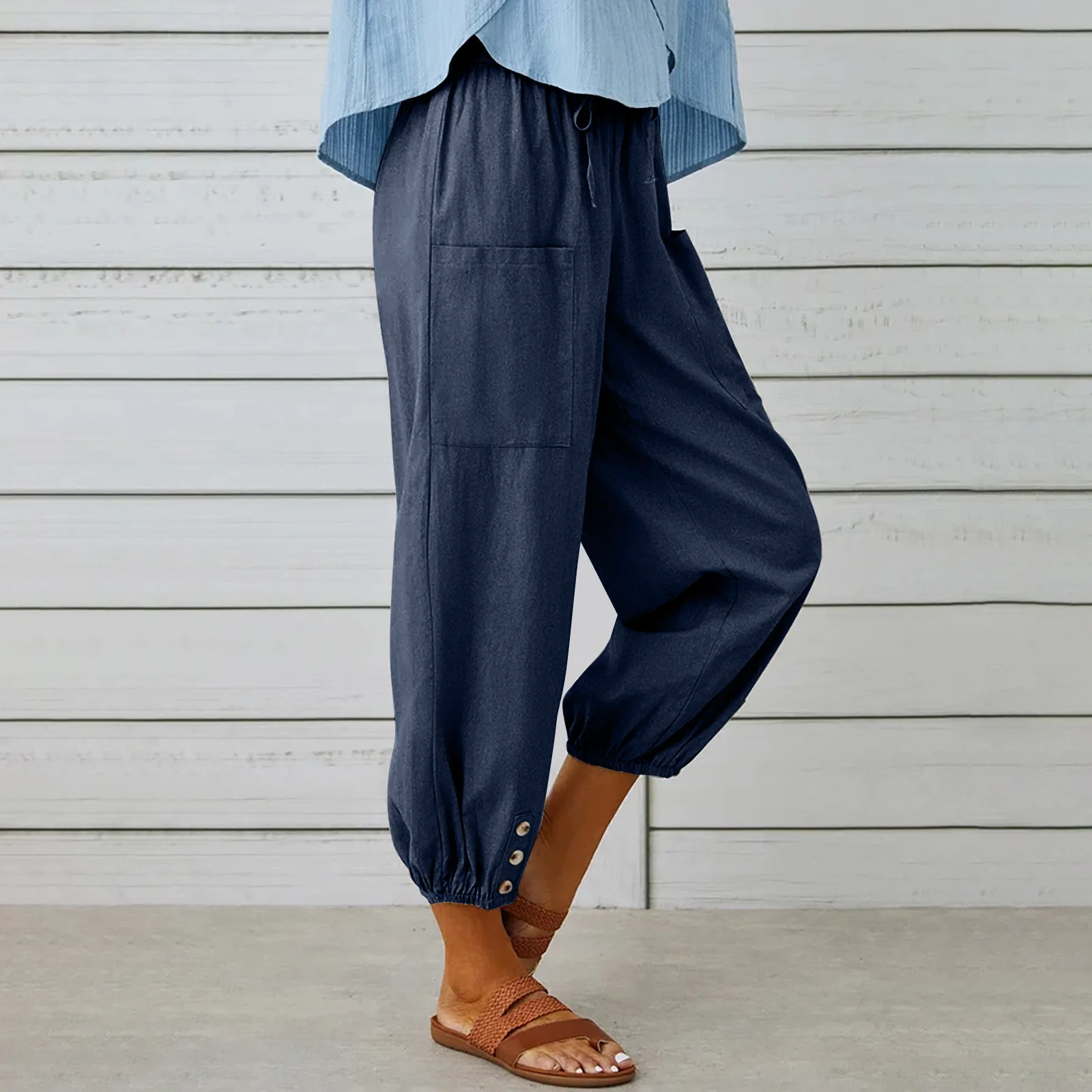 Cotton Linen Harem Pants Women Casual Elastic High Waist Lace Up Loose Ankle Trousers Vintage Harajuku Wide Leg Straight Pants
