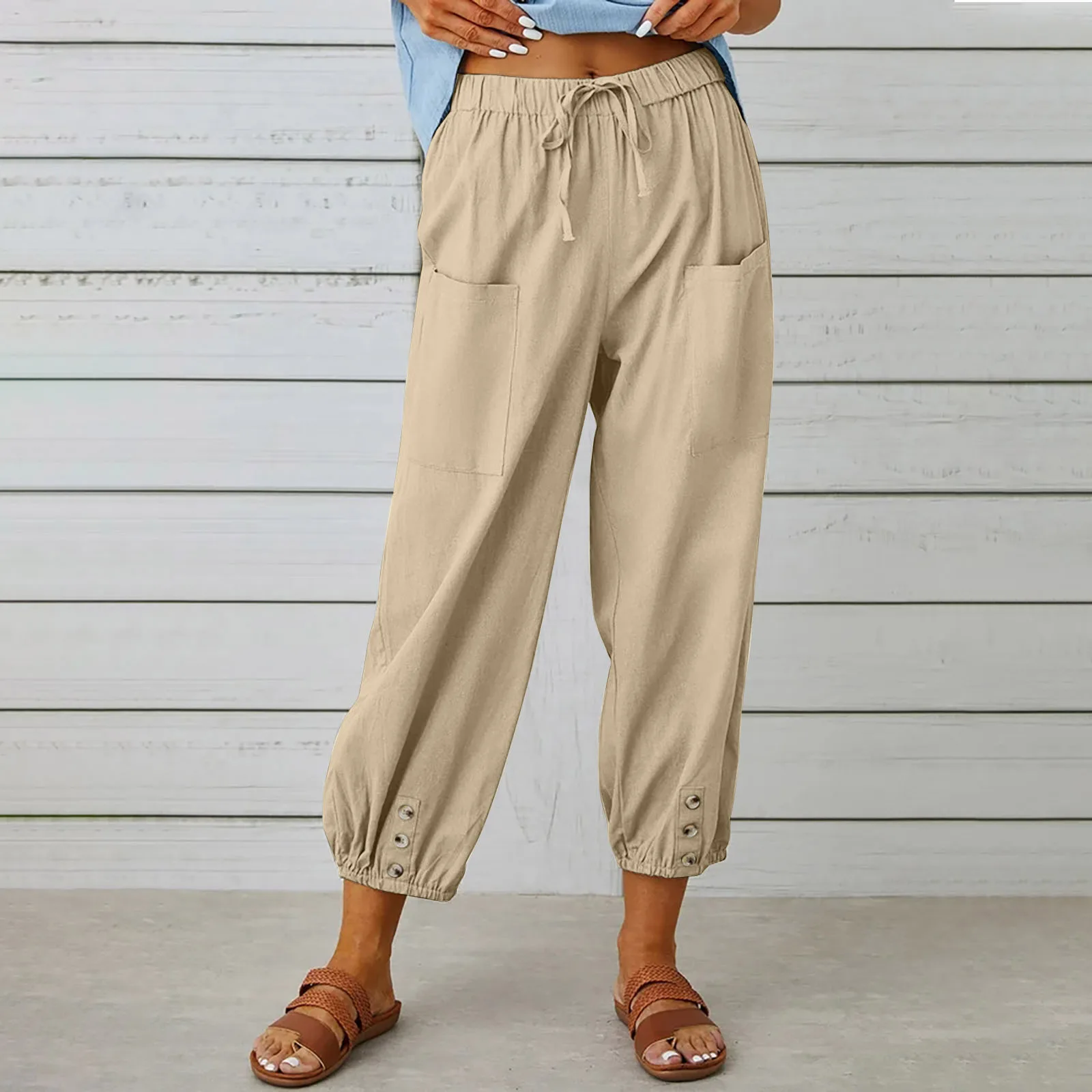 Cotton Linen Harem Pants Women Casual Elastic High Waist Lace Up Loose Ankle Trousers Vintage Harajuku Wide Leg Straight Pants