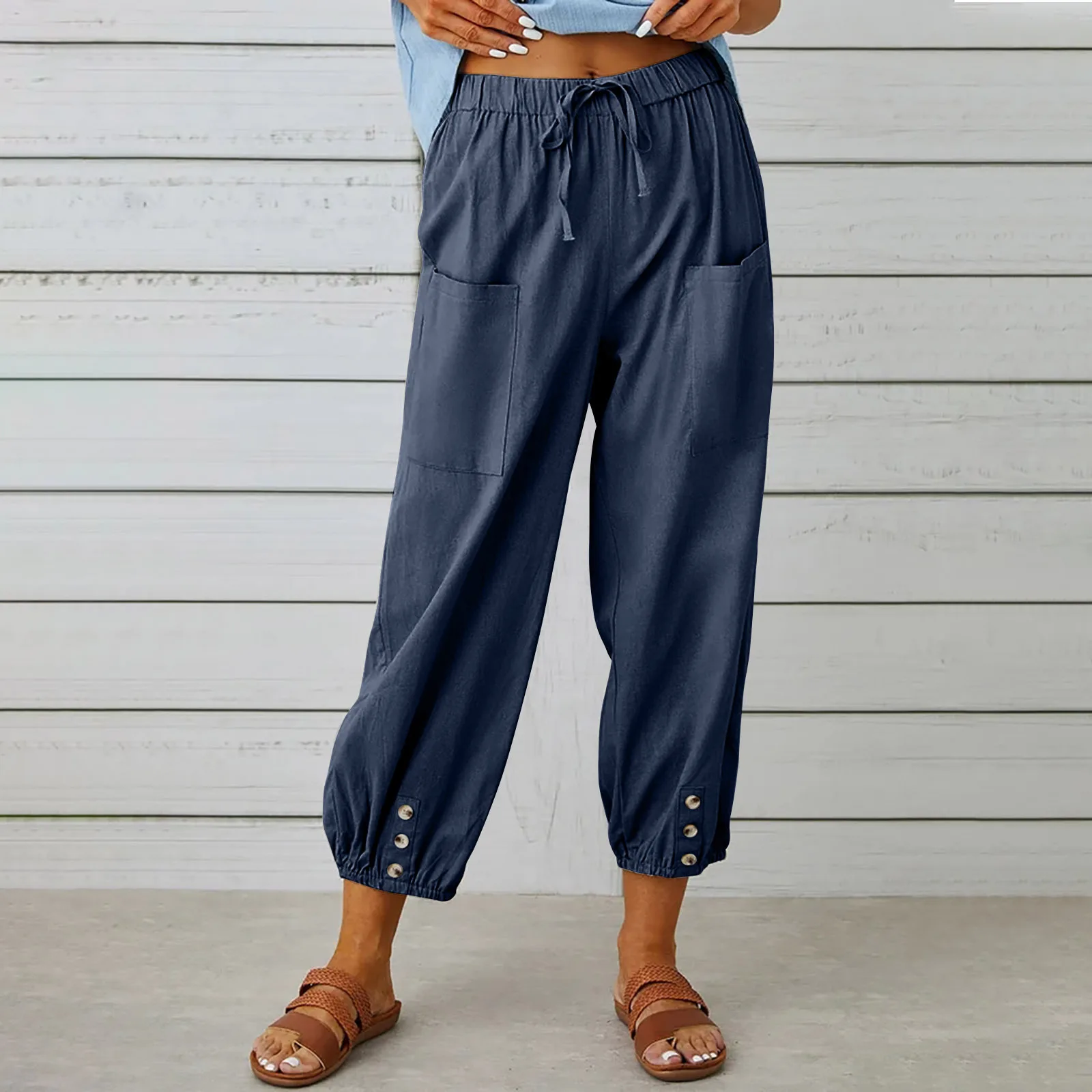 Cotton Linen Harem Pants Women Casual Elastic High Waist Lace Up Loose Ankle Trousers Vintage Harajuku Wide Leg Straight Pants