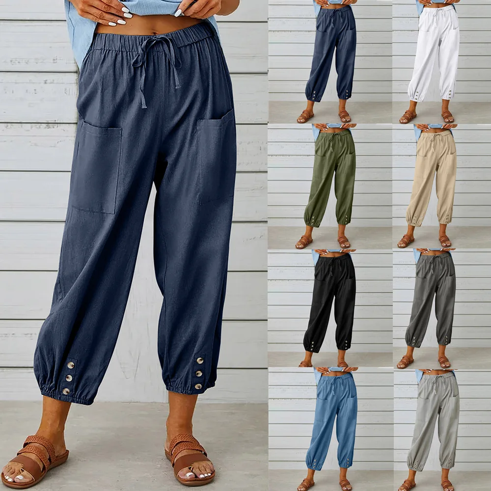 Cotton Linen Harem Pants Women Casual Elastic High Waist Lace Up Loose Ankle Trousers Vintage Harajuku Wide Leg Straight Pants