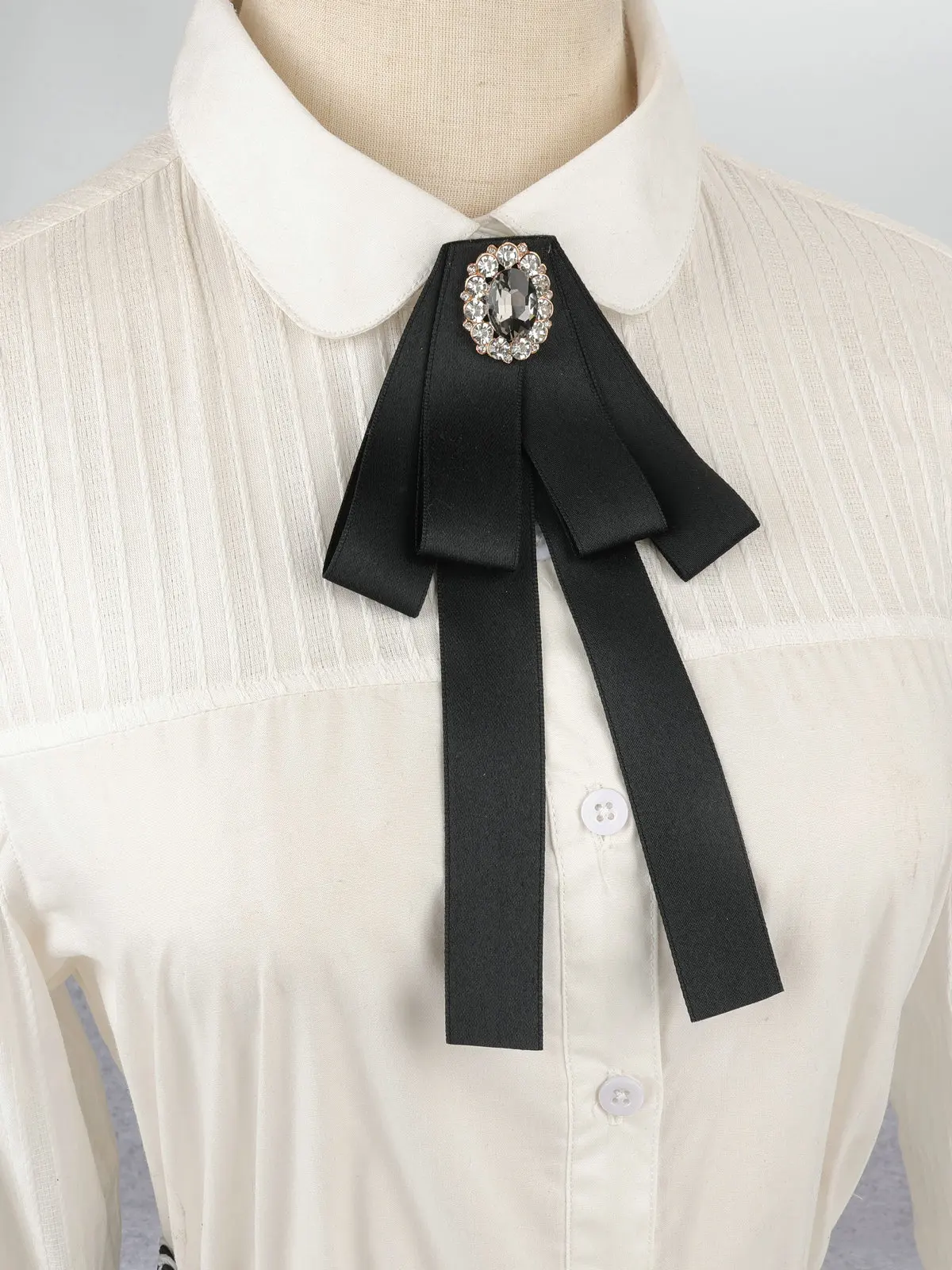 Korean Style Cotton Ribbon Solid Bow Tie Brooch For Women Crystal Collar Shirts Dress Necktie Ladies Fashion Jewelry Accessories