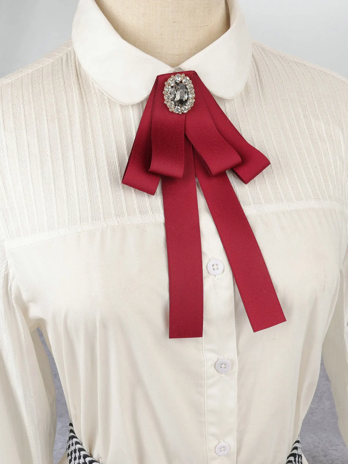 Korean Style Cotton Ribbon Solid Bow Tie Brooch For Women Crystal Collar Shirts Dress Necktie Ladies Fashion Jewelry Accessories