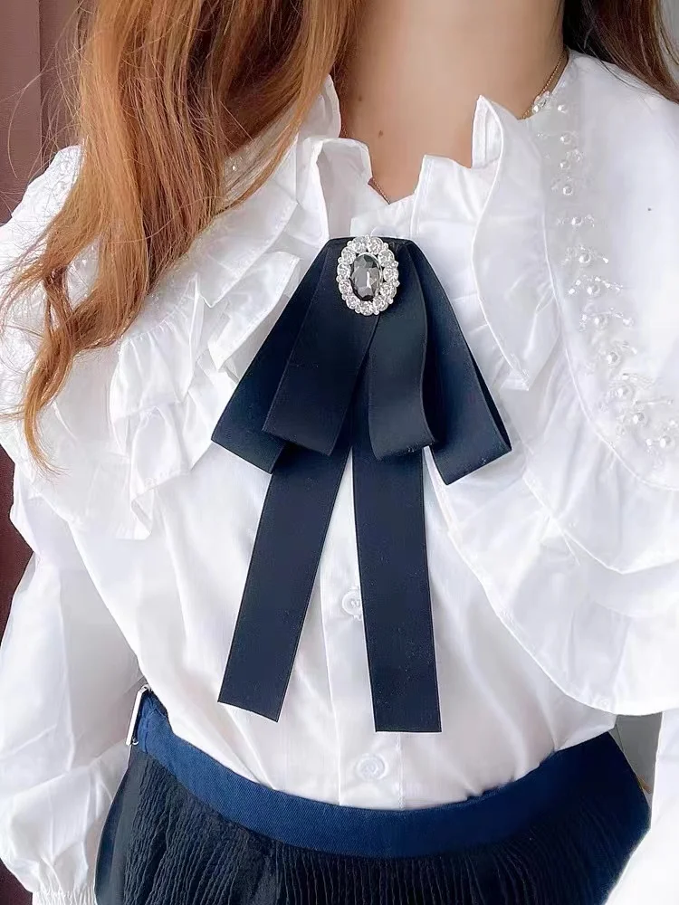 Korean Style Cotton Ribbon Solid Bow Tie Brooch For Women Crystal Collar Shirts Dress Necktie Ladies Fashion Jewelry Accessories