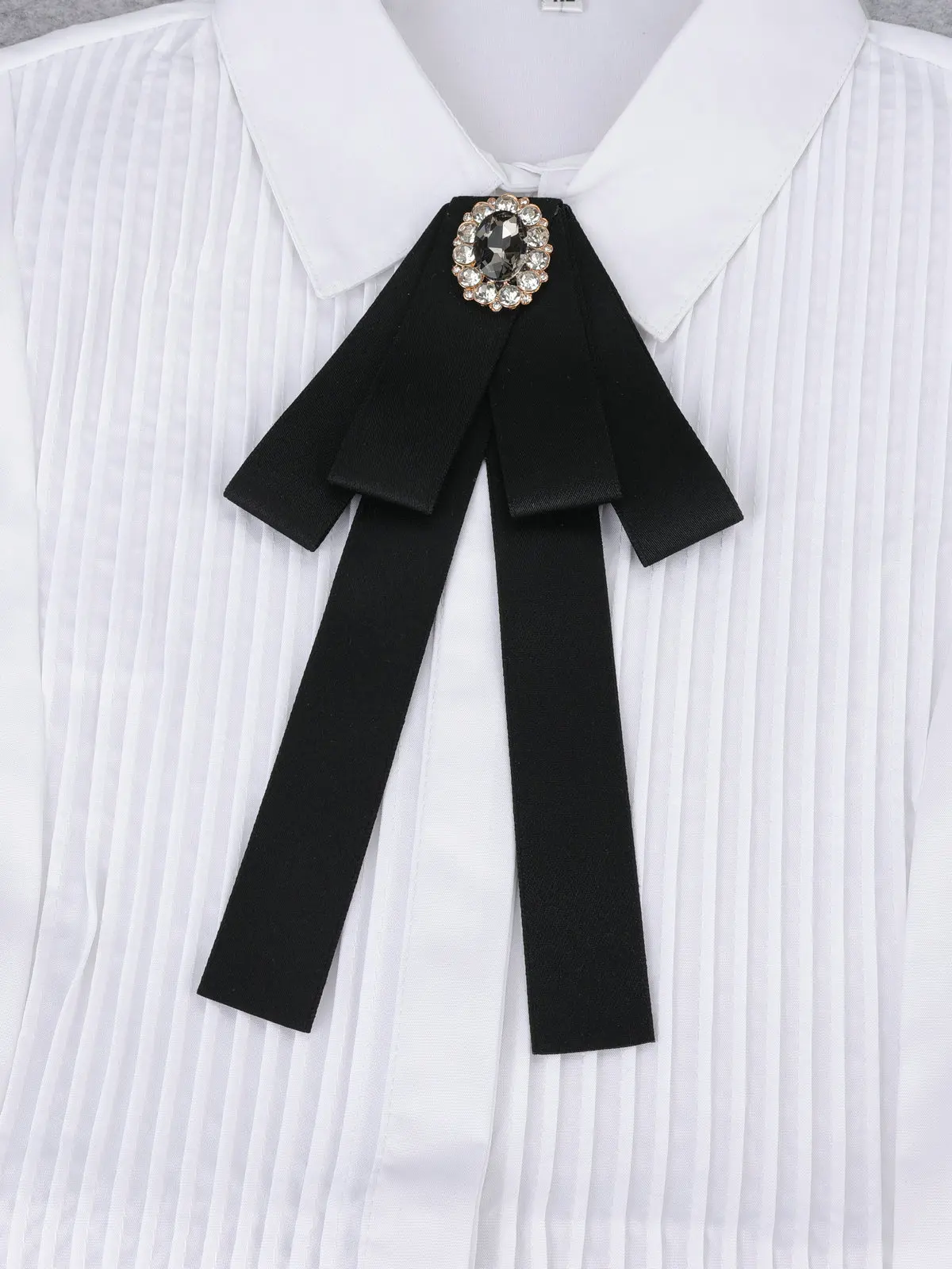 Korean Style Cotton Ribbon Solid Bow Tie Brooch For Women Crystal Collar Shirts Dress Necktie Ladies Fashion Jewelry Accessories