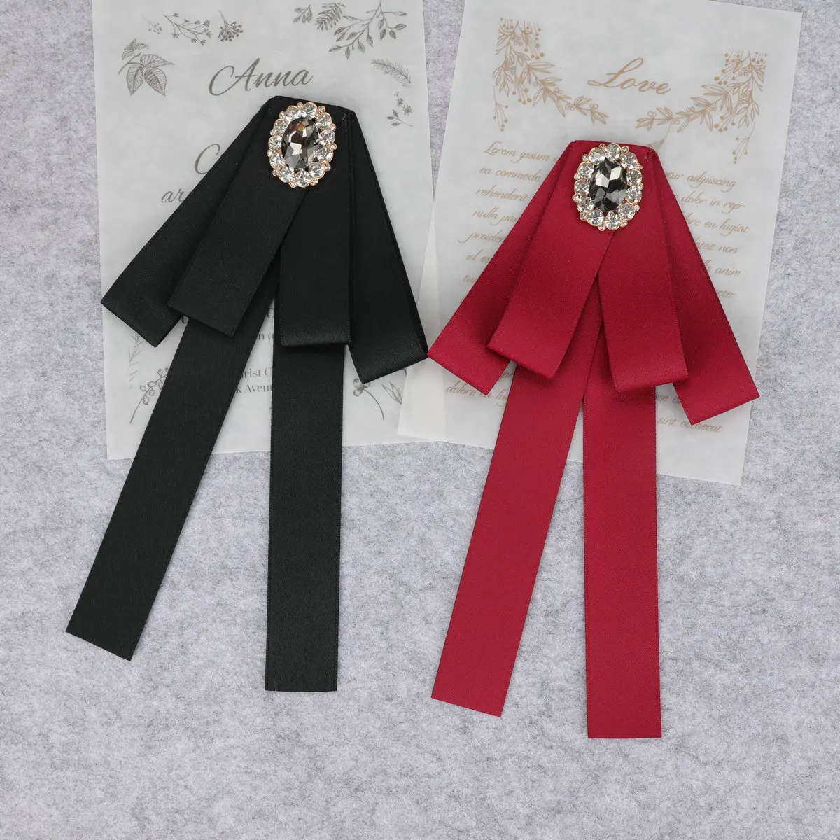 Korean Style Cotton Ribbon Solid Bow Tie Brooch For Women Crystal Collar Shirts Dress Necktie Ladies Fashion Jewelry Accessories