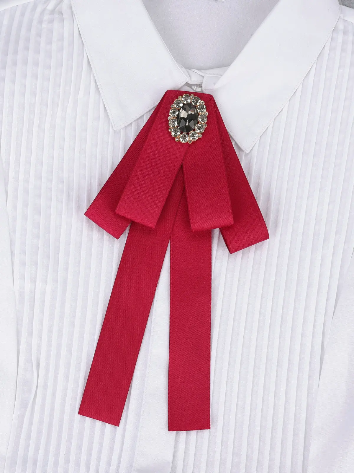 Korean Style Cotton Ribbon Solid Bow Tie Brooch For Women Crystal Collar Shirts Dress Necktie Ladies Fashion Jewelry Accessories