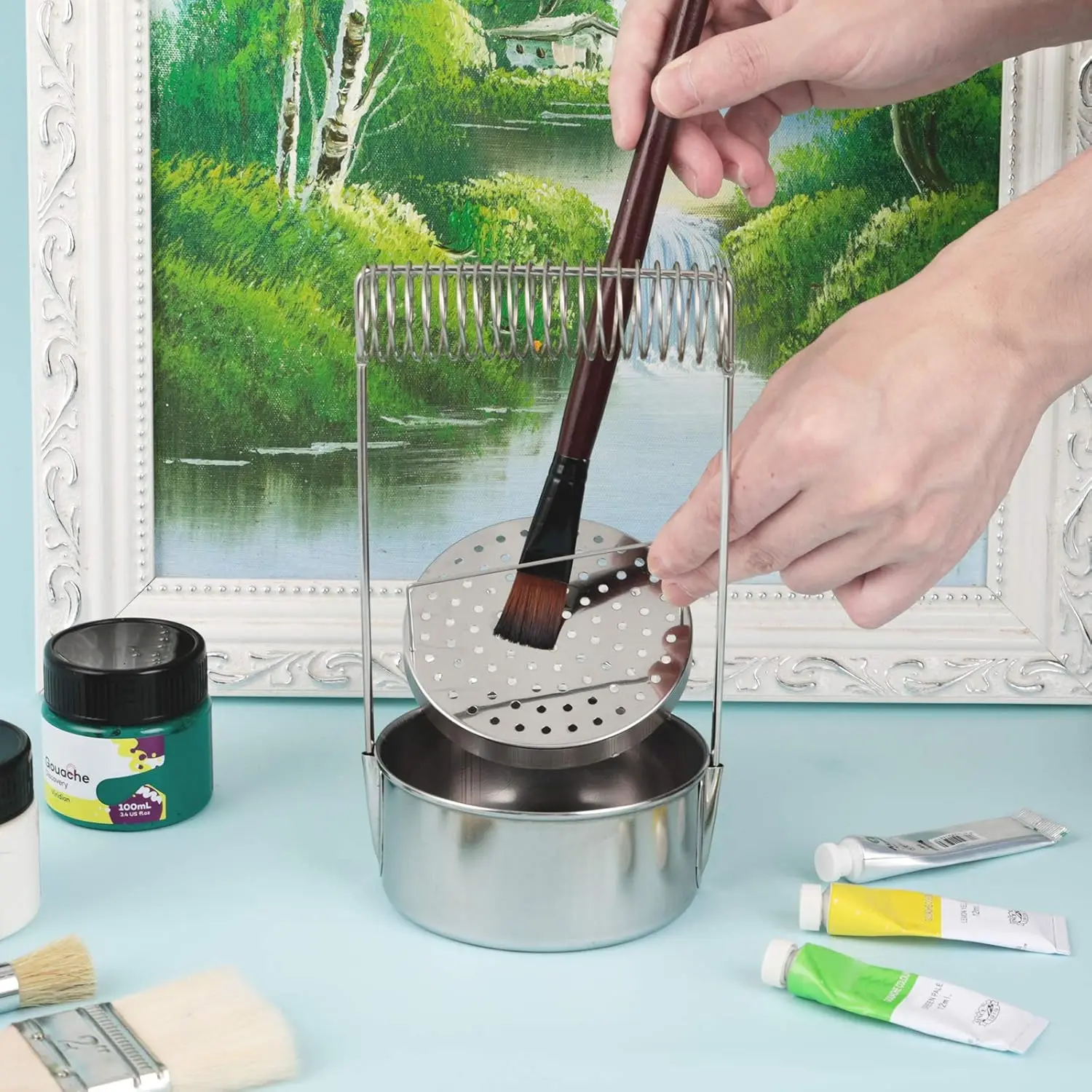 1pc Stainless Steel Single/Double Dipper Palette Cup Oil Container Paint Megilp Turpentine Solvent Container with Screw Cap