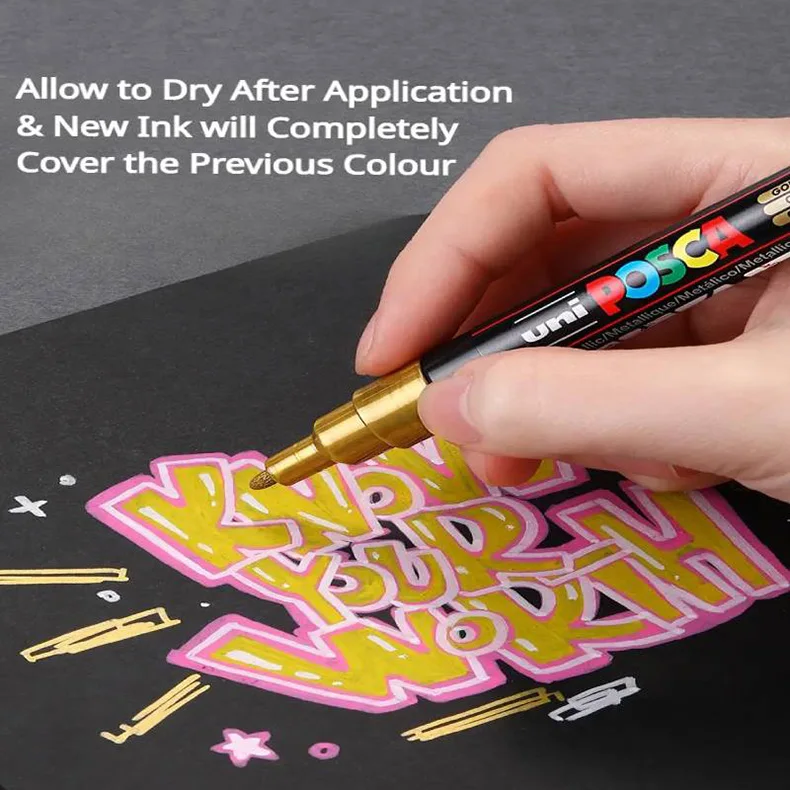 Posca Gold/Silver Metallic Marker White/Black Paint Art Pens, Non-toxic Permanent Professional Drawing Tools School Accessories