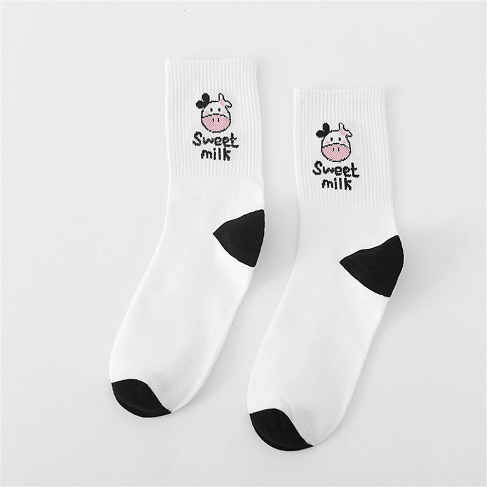 New Cow Lovely Harajuku Japanese Style Cotton Women Striped Solid Breathable Casual Cartoon Socks White Black Dropship