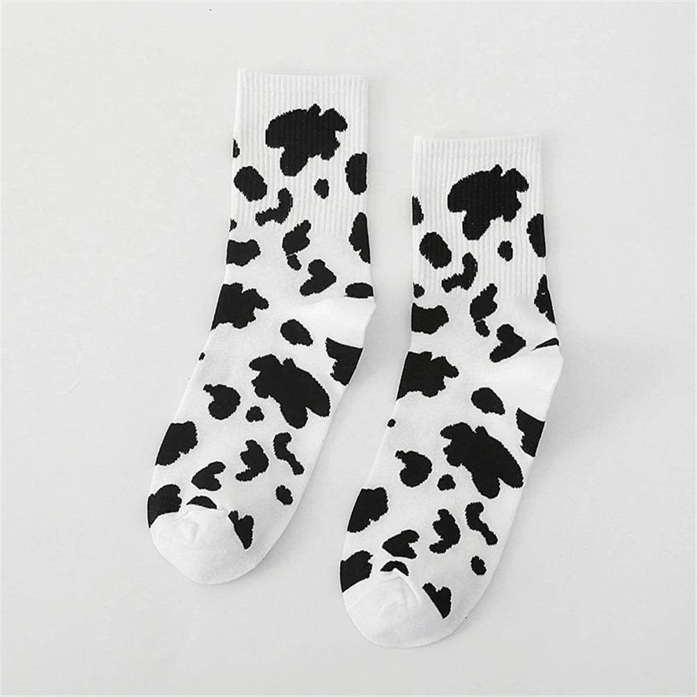 New Cow Lovely Harajuku Japanese Style Cotton Women Striped Solid Breathable Casual Cartoon Socks White Black Dropship