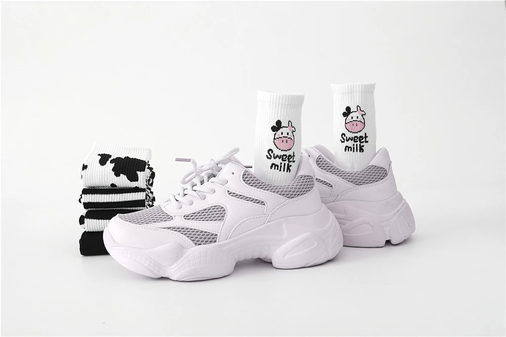 New Cow Lovely Harajuku Japanese Style Cotton Women Striped Solid Breathable Casual Cartoon Socks White Black Dropship