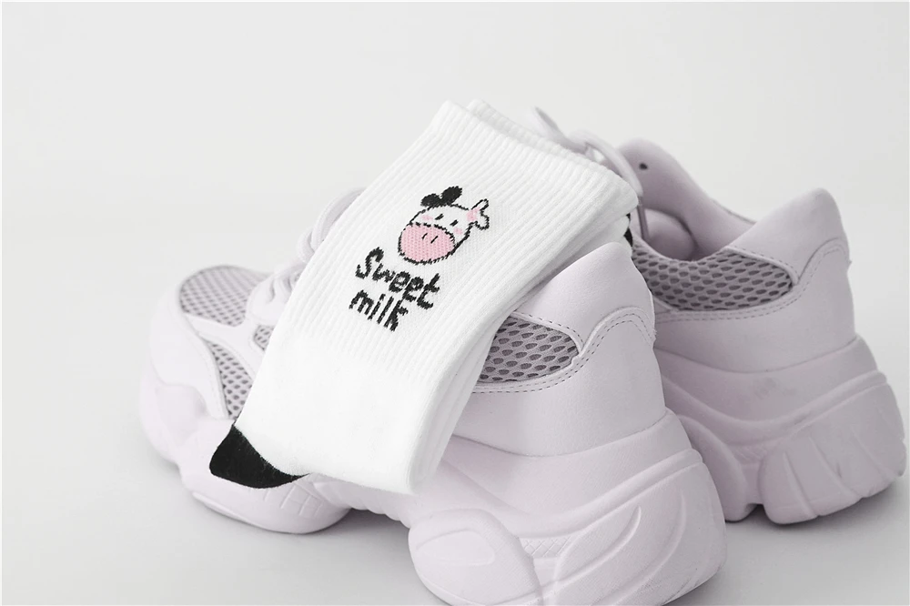 New Cow Lovely Harajuku Japanese Style Cotton Women Striped Solid Breathable Casual Cartoon Socks White Black Dropship