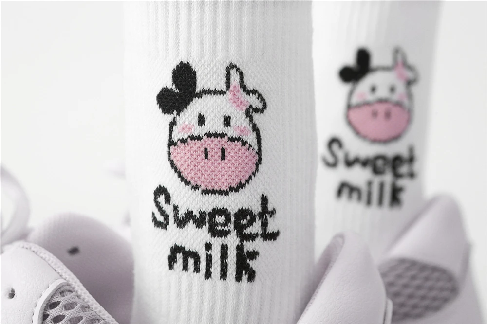 New Cow Lovely Harajuku Japanese Style Cotton Women Striped Solid Breathable Casual Cartoon Socks White Black Dropship