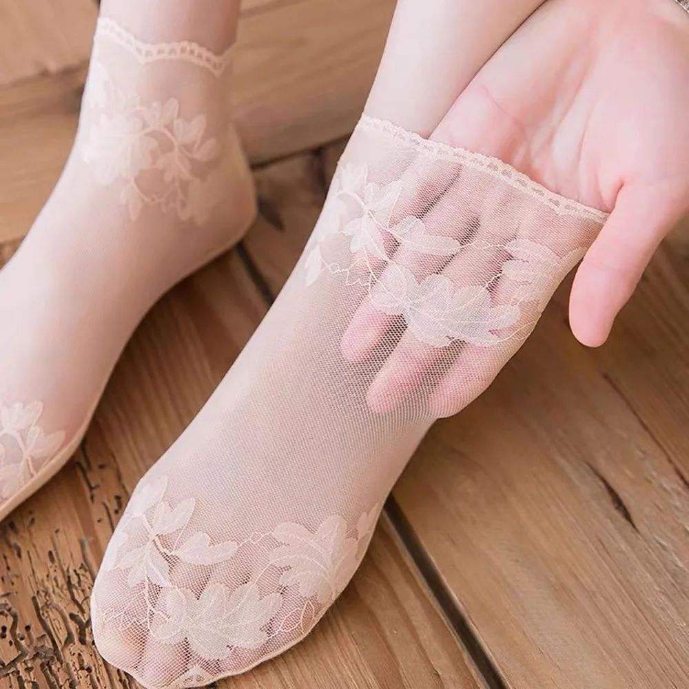 Socks Women's Lace Transparent Lolita Invisible Summer Thin Non-slip Short Ankle Black Low Cut Boat Sock