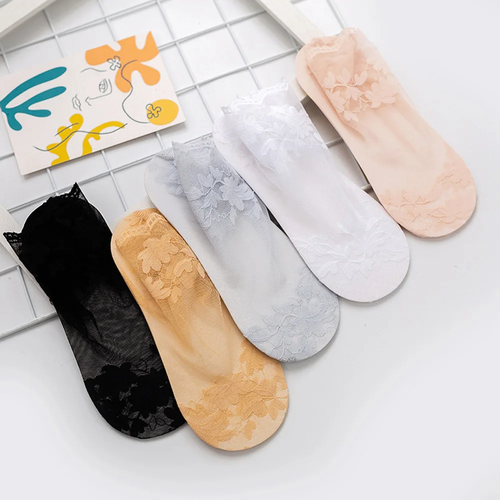 Socks Women's Lace Transparent Lolita Invisible Summer Thin Non-slip Short Ankle Black Low Cut Boat Sock