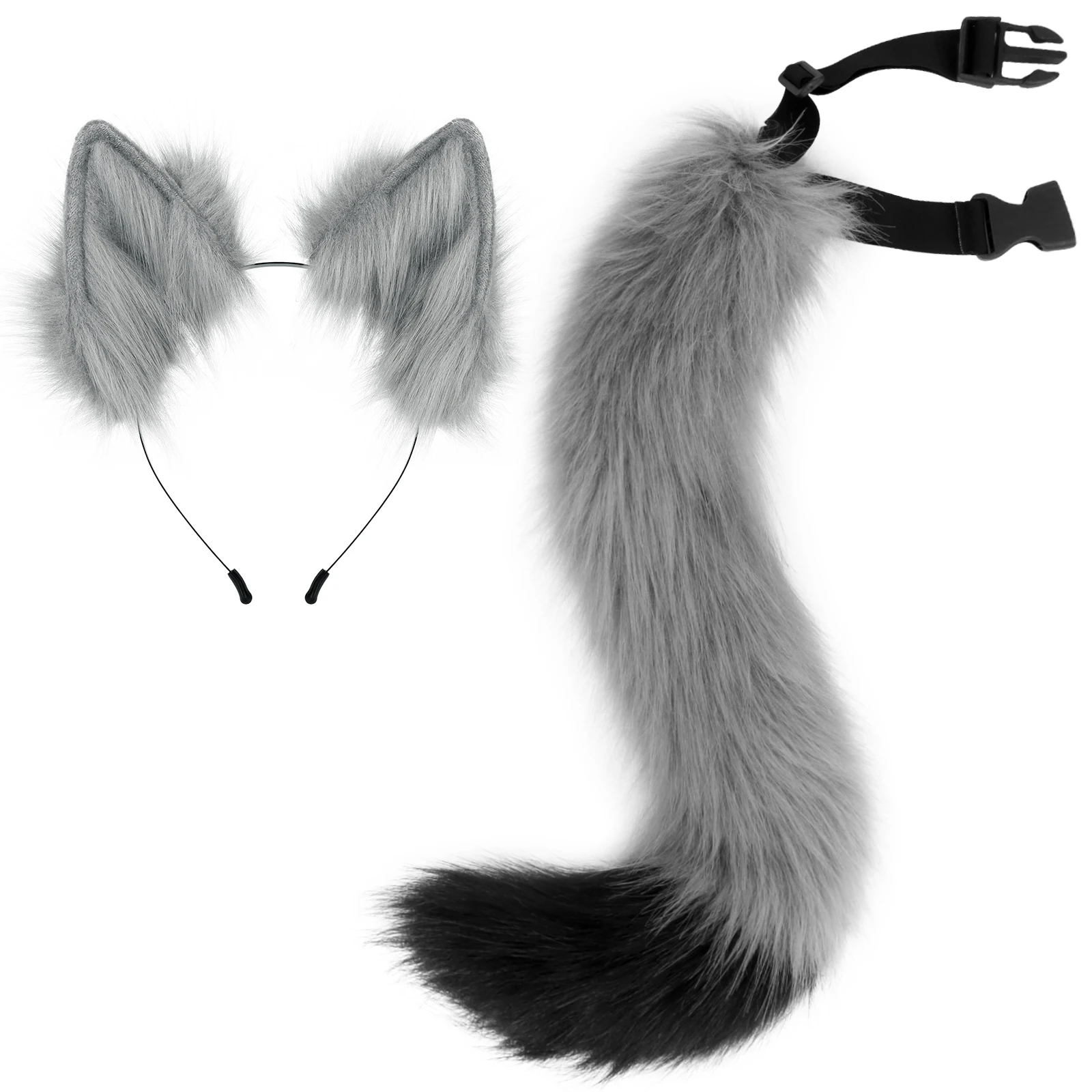 Faux Fur Cat Fox Wolf Furry Tail and Animal Ears Headband for Halloween Party Costume Accessories