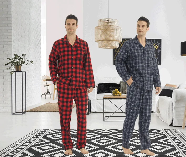 Mens Flannel Pajama Sets Cotton Plaid Pajamas for Men Pjs Set Soft Lounge Sleepwear Pj Pants with Pockets Flannel Shirts