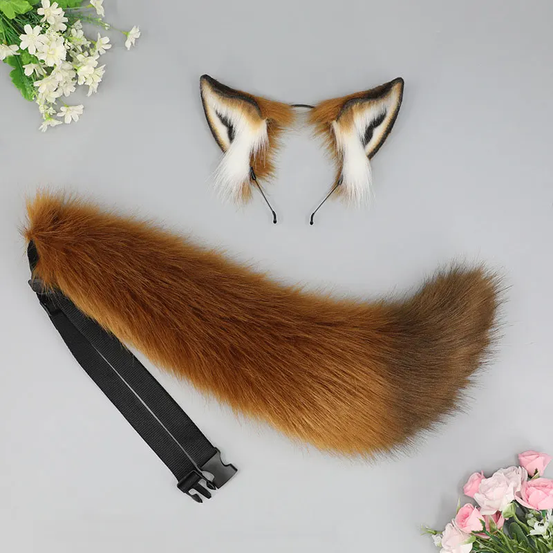 Women Cute Plush Fox Ear Headband Long Fluffy Fox Tail Adjustable Furry Wolf Tail Role Play Anime Performance Cosplay Costume