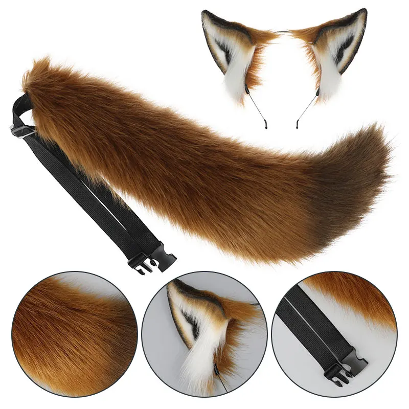 Women Cute Plush Fox Ear Headband Long Fluffy Fox Tail Adjustable Furry Wolf Tail Role Play Anime Performance Cosplay Costume