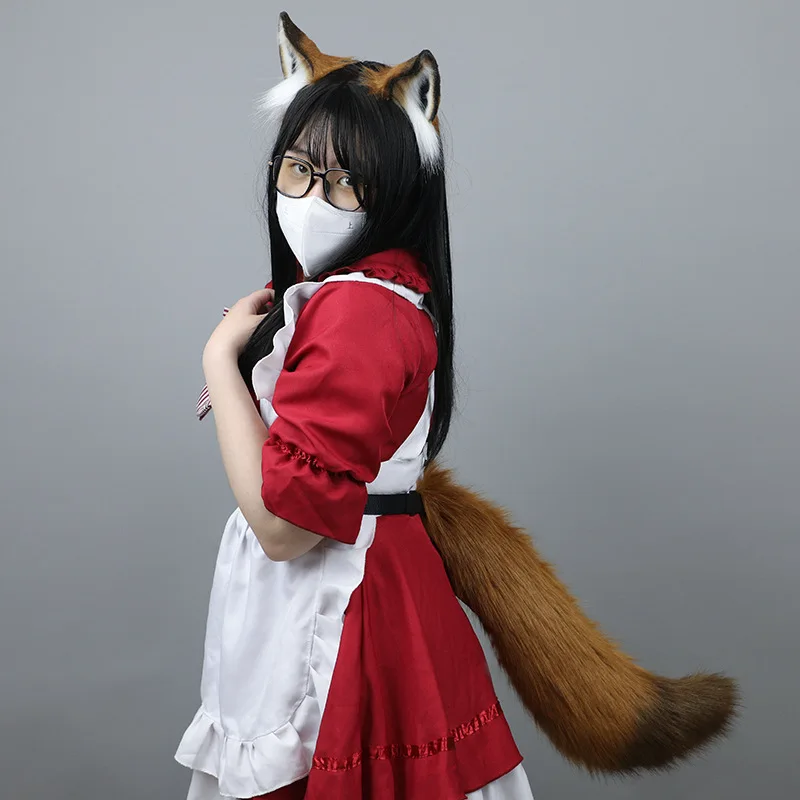Women Cute Plush Fox Ear Headband Long Fluffy Fox Tail Adjustable Furry Wolf Tail Role Play Anime Performance Cosplay Costume