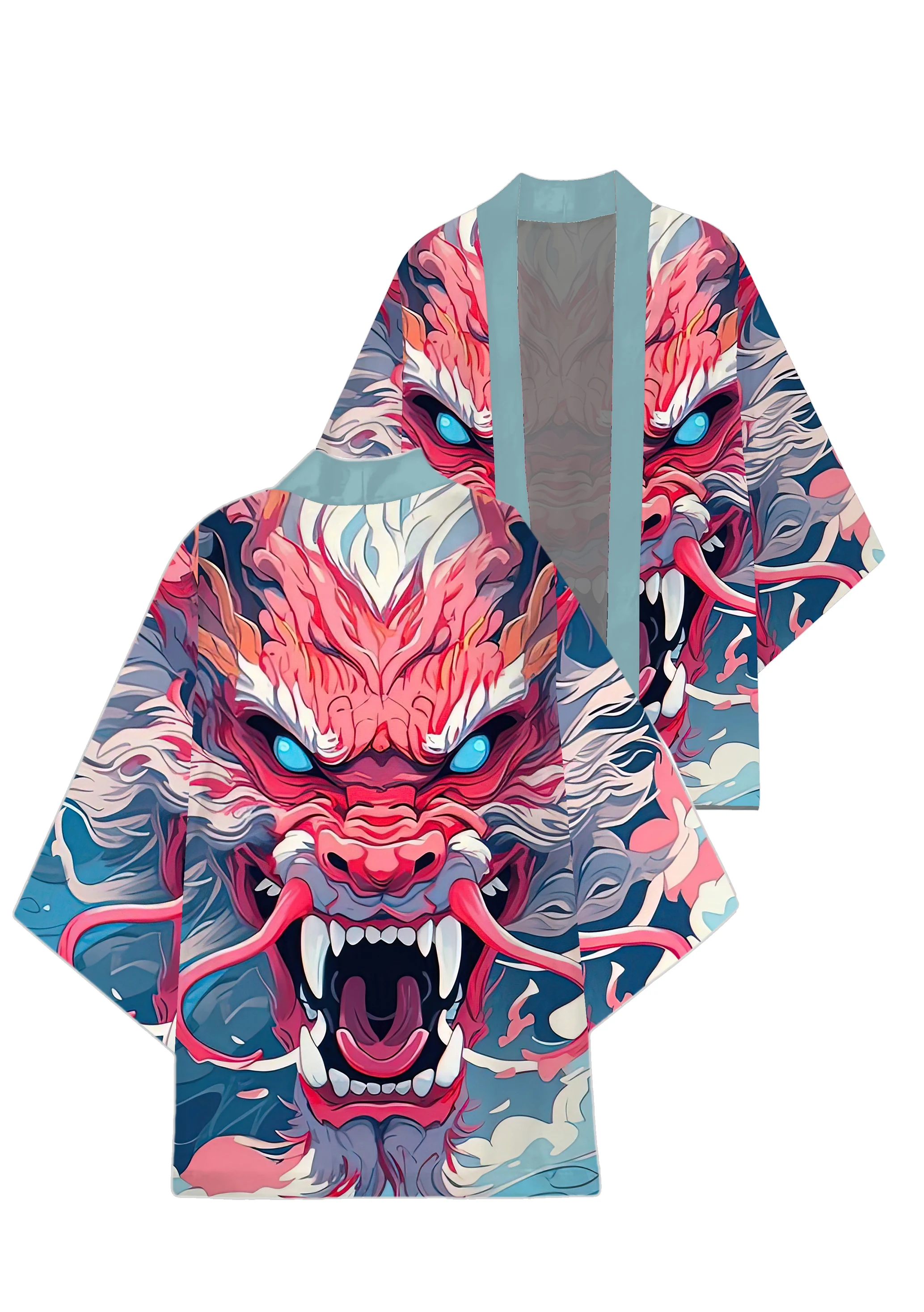 Japanese Traditional Samurai Kimono Men Women Anime Dragon Printed Green Loose Cardigan 3/4 Sleeve Harajuku Haori Coaplay Shirt
