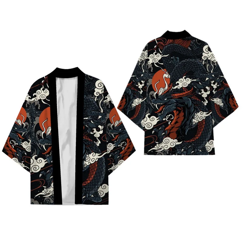 Japanese Traditional Samurai Kimono Men Women Anime Dragon Printed Green Loose Cardigan 3/4 Sleeve Harajuku Haori Coaplay Shirt