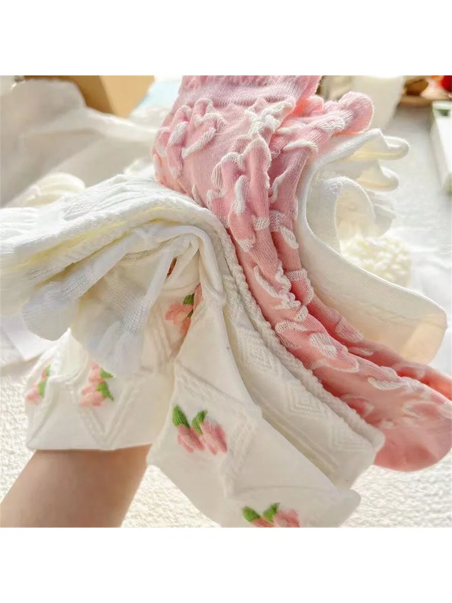 5 pairs of pink and white girl diamond patterned flower socks pink and cute lace mid length socks