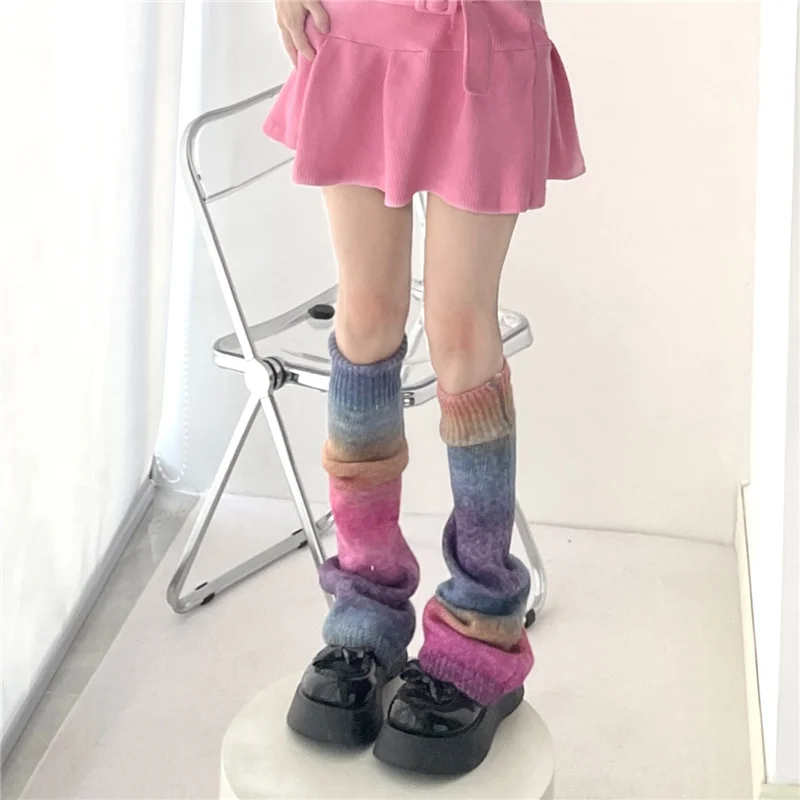 Y2K Rainbow Gradient Color Flared Thermal Sweet Leg Warmers Subculture Hot Girl Knitting Retro JK Cosplay Candy Horn Leg Covers