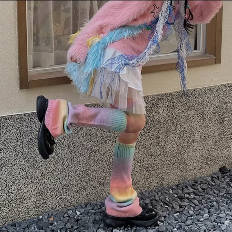 Y2K Rainbow Gradient Color Flared Thermal Sweet Leg Warmers Subculture Hot Girl Knitting Retro JK Cosplay Candy Horn Leg Covers