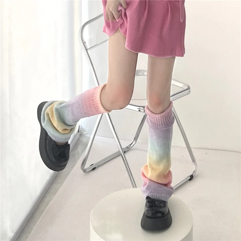 Y2K Rainbow Gradient Color Flared Thermal Sweet Leg Warmers Subculture Hot Girl Knitting Retro JK Cosplay Candy Horn Leg Covers