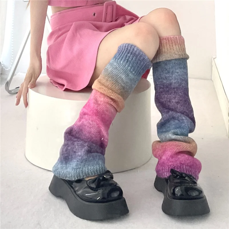 Y2K Rainbow Gradient Color Flared Thermal Sweet Leg Warmers Subculture Hot Girl Knitting Retro JK Cosplay Candy Horn Leg Covers