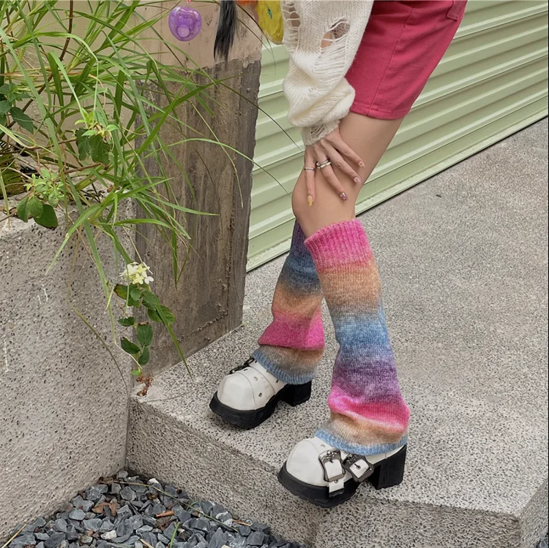 Y2K Rainbow Gradient Color Flared Thermal Sweet Leg Warmers Subculture Hot Girl Knitting Retro JK Cosplay Candy Horn Leg Covers