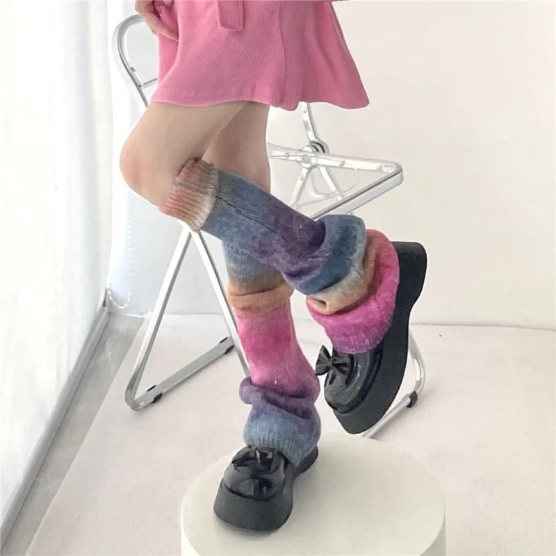 Y2K Rainbow Gradient Color Flared Thermal Sweet Leg Warmers Subculture Hot Girl Knitting Retro JK Cosplay Candy Horn Leg Covers