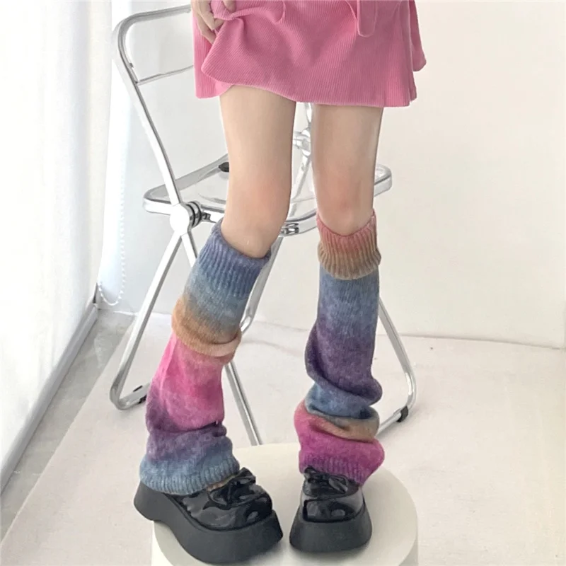 Y2K Rainbow Gradient Color Flared Thermal Sweet Leg Warmers Subculture Hot Girl Knitting Retro JK Cosplay Candy Horn Leg Covers