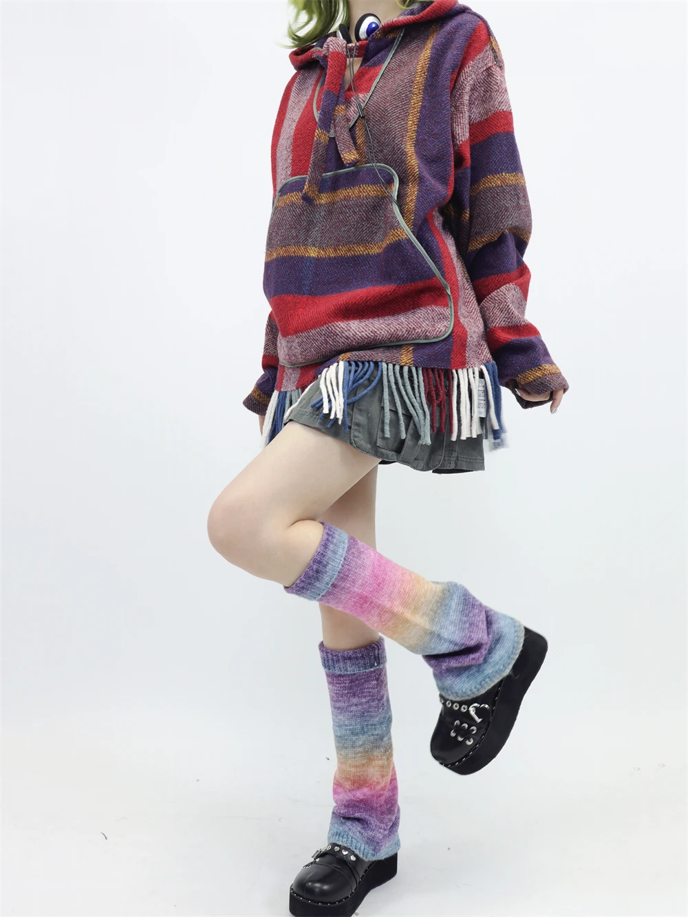 Y2K Rainbow Gradient Color Flared Thermal Sweet Leg Warmers Subculture Hot Girl Knitting Retro JK Cosplay Candy Horn Leg Covers