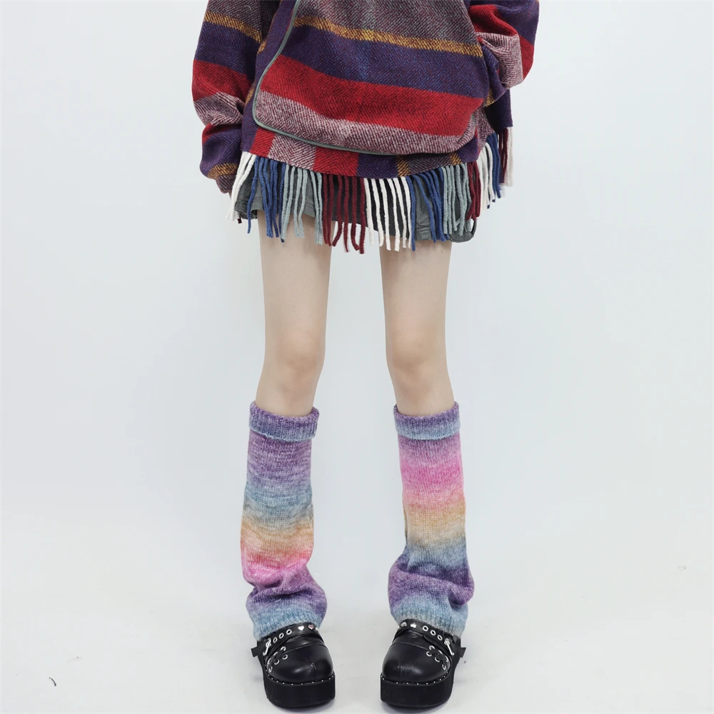 Y2K Rainbow Gradient Color Flared Thermal Sweet Leg Warmers Subculture Hot Girl Knitting Retro JK Cosplay Candy Horn Leg Covers