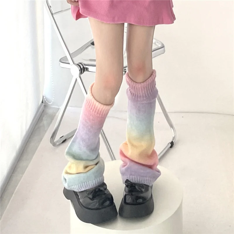 Y2K Rainbow Gradient Color Flared Thermal Sweet Leg Warmers Subculture Hot Girl Knitting Retro JK Cosplay Candy Horn Leg Covers