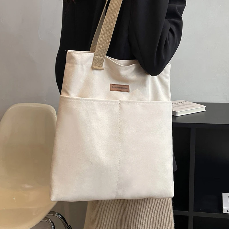 Women Canvas Tote Bag Solid Color Designer Ladies Casual Handbag Shoulder Bag Large Capacity Cotton Reusable Shopping Beach Bag