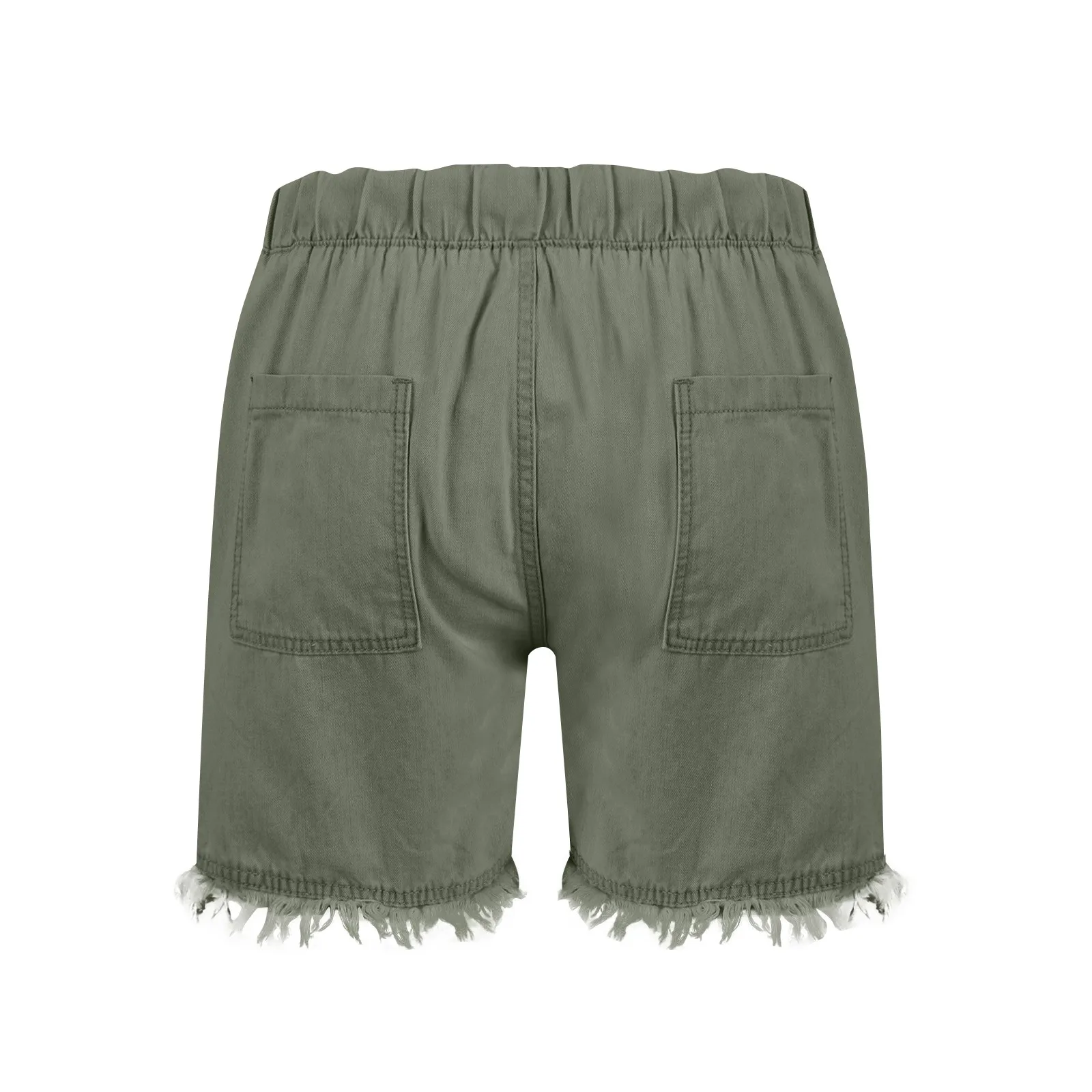 Ladies' Washed Solid Color Slimming Tassel Edge Denim Shorts Fashion Sexy Elastic Waist Leisure Pockets Summer Short Trousers