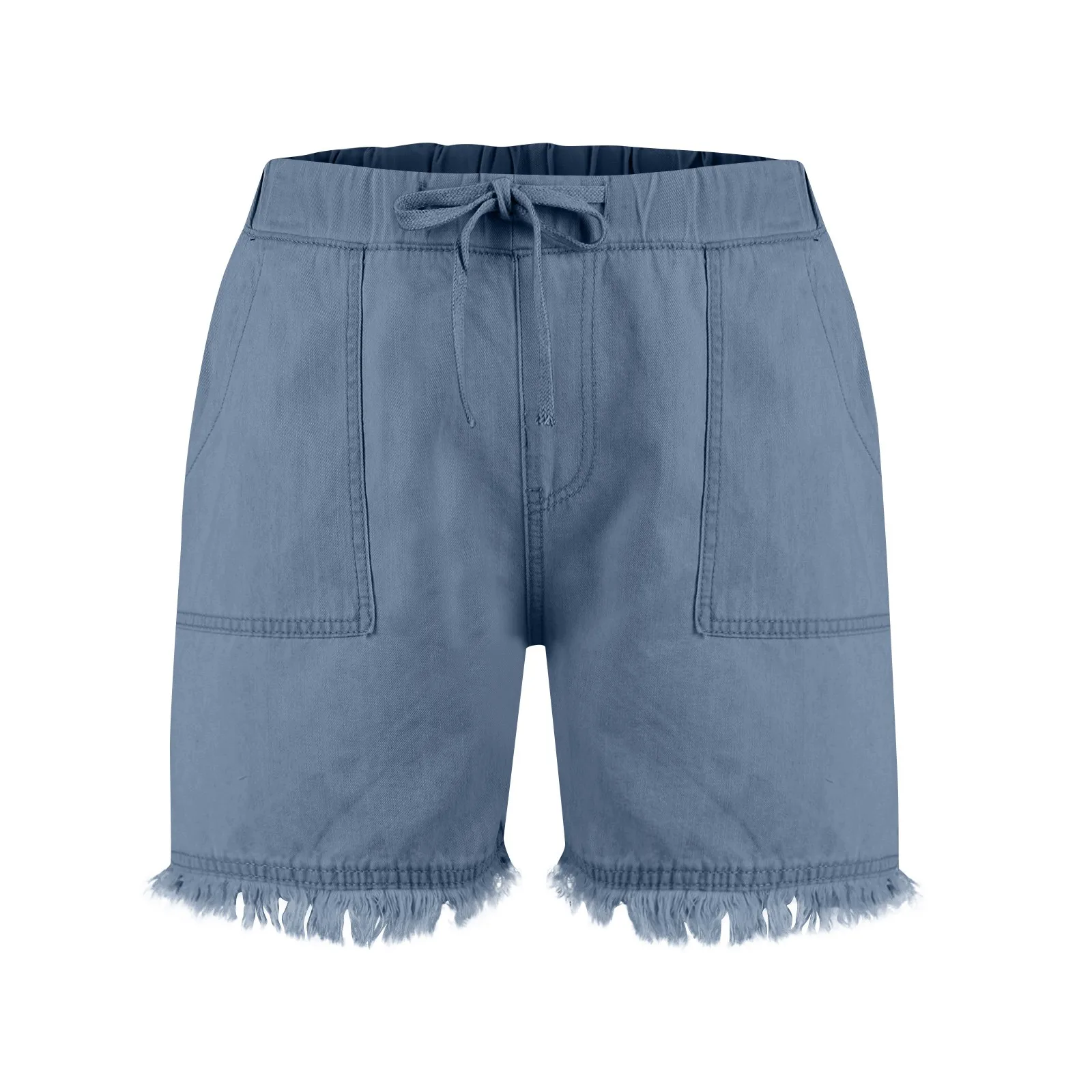 Ladies' Washed Solid Color Slimming Tassel Edge Denim Shorts Fashion Sexy Elastic Waist Leisure Pockets Summer Short Trousers
