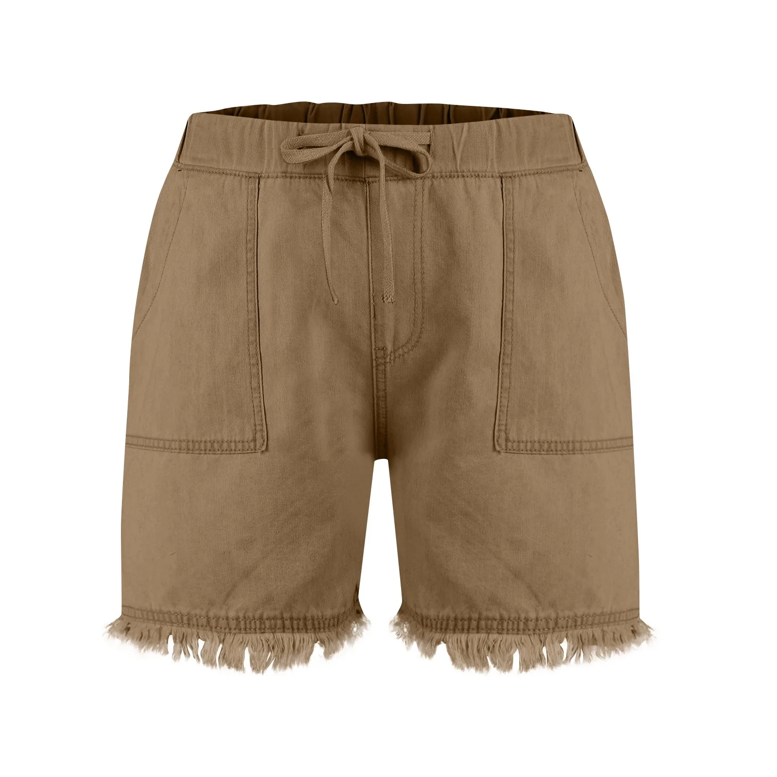 Ladies' Washed Solid Color Slimming Tassel Edge Denim Shorts Fashion Sexy Elastic Waist Leisure Pockets Summer Short Trousers