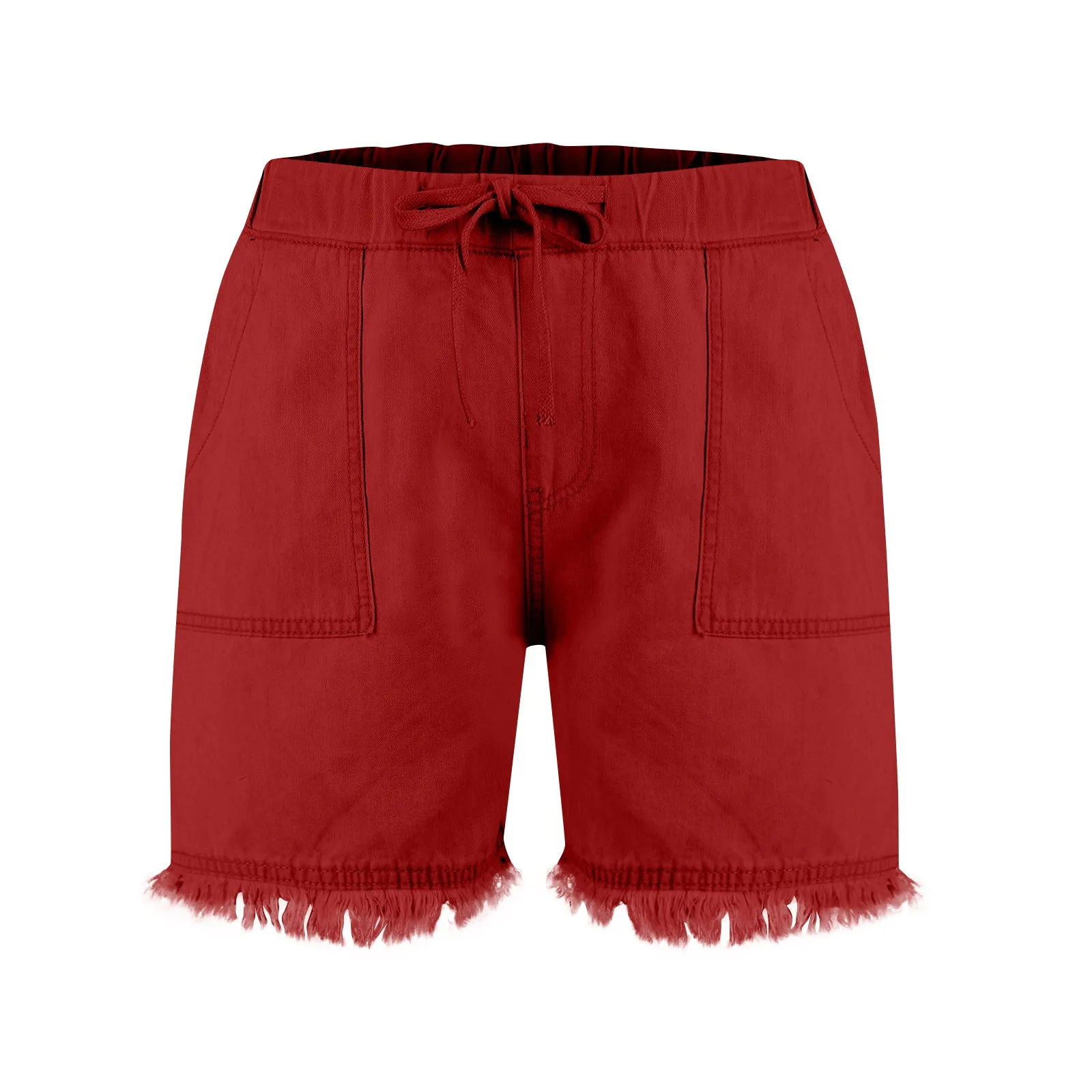Ladies' Washed Solid Color Slimming Tassel Edge Denim Shorts Fashion Sexy Elastic Waist Leisure Pockets Summer Short Trousers