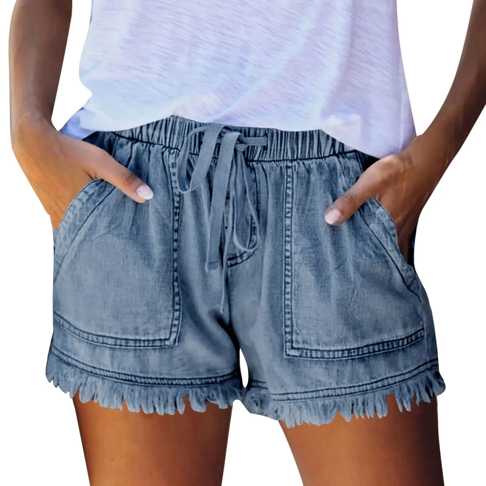 Ladies' Washed Solid Color Slimming Tassel Edge Denim Shorts Fashion Sexy Elastic Waist Leisure Pockets Summer Short Trousers