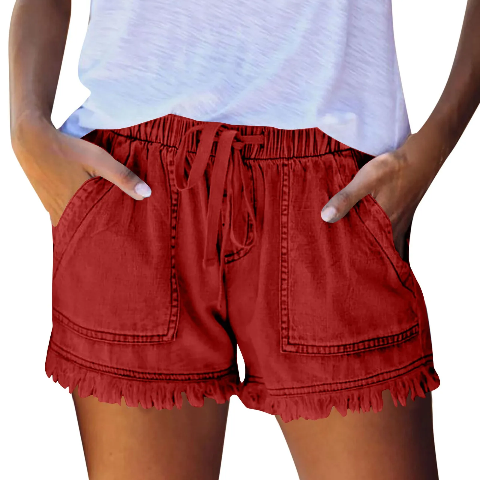 Ladies' Washed Solid Color Slimming Tassel Edge Denim Shorts Fashion Sexy Elastic Waist Leisure Pockets Summer Short Trousers