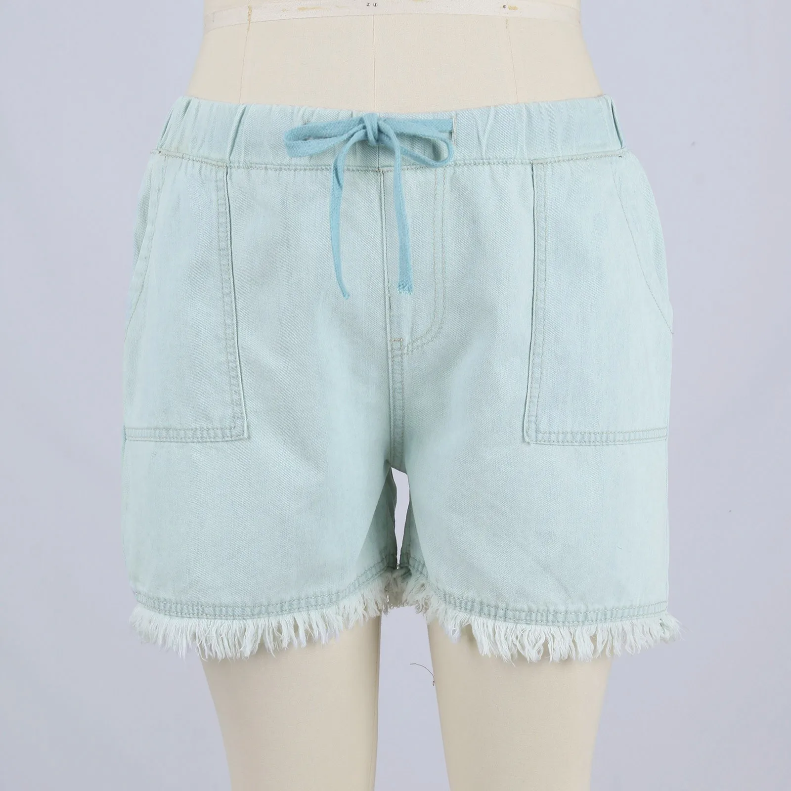 Ladies' Washed Solid Color Slimming Tassel Edge Denim Shorts Fashion Sexy Elastic Waist Leisure Pockets Summer Short Trousers